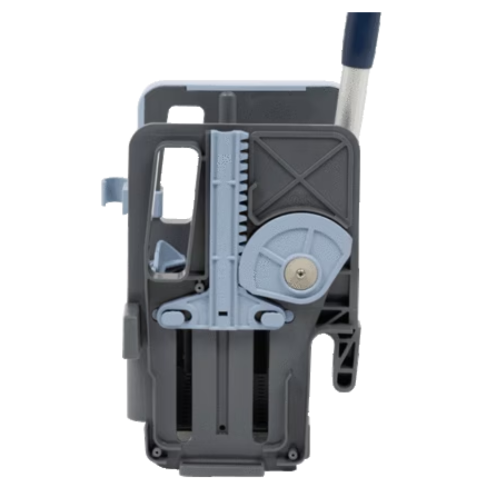 Gros plan d'un appareil de presse verticale Vileda Professional en plastique gris et bleu de Vileda GmbH avec roue et poignée. Ce mécanisme comprend des engrenages et des leviers et est fabriqué en polypropylène résistant, ce qui suggère qu'il fait partie d'un appareil mécanique ou de nettoyage plus grand. Ses dimensions sont de 23 x 23 x 32 cm.