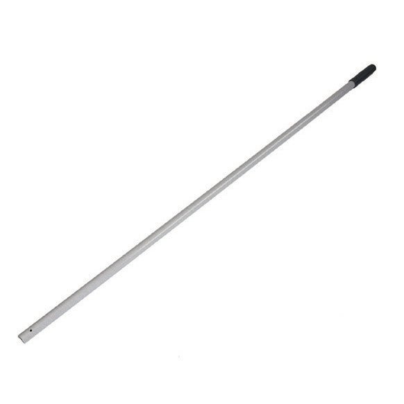 Le manche en plastique Diversey Deutschland, renforcé de fibre de verre, 140 cm (1 pièce) a un manche blanc avec une poignée noire et deux trous - un outil durable pour un usage quotidien.