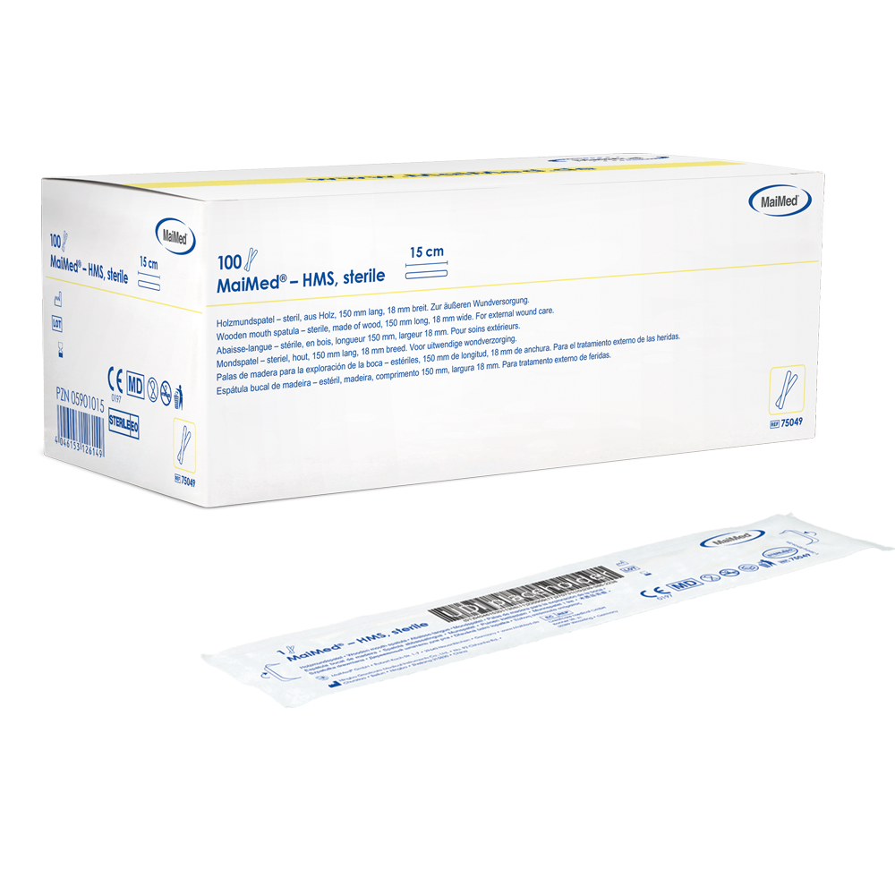 MaiMed - Abaisse-bouche stérile en bois HMS, 15 cm de long, 100x1 pcs. emballé stérilement | Boîte (100 pièces)