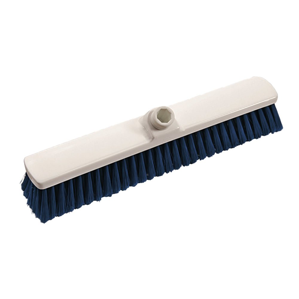 Le balai intérieur Diversey Deutschland (400x60x50 mm, doux) dispose de poils doux en bleu et d'une base en plastique blanc avec un trou fileté central pour la fixation du manche - parfait pour le nettoyage des espaces intérieurs.