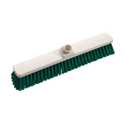 Le balai intérieur Diversey (400x60x50 mm, doux) dispose d'une tête rectangulaire blanche avec des poils doux verts et d'un trou fileté central pour la fixation du manche, ce qui le rend idéal pour le nettoyage des espaces intérieurs.