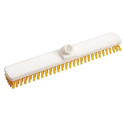 La brosse à récurer blanche 400x60x26 mm, dure de Diversey Deutschland GmbH & Co. OHG avec des poils jaunes durs et un trou de filetage central assure un nettoyage en profondeur et est illustrée sur un fond blanc.