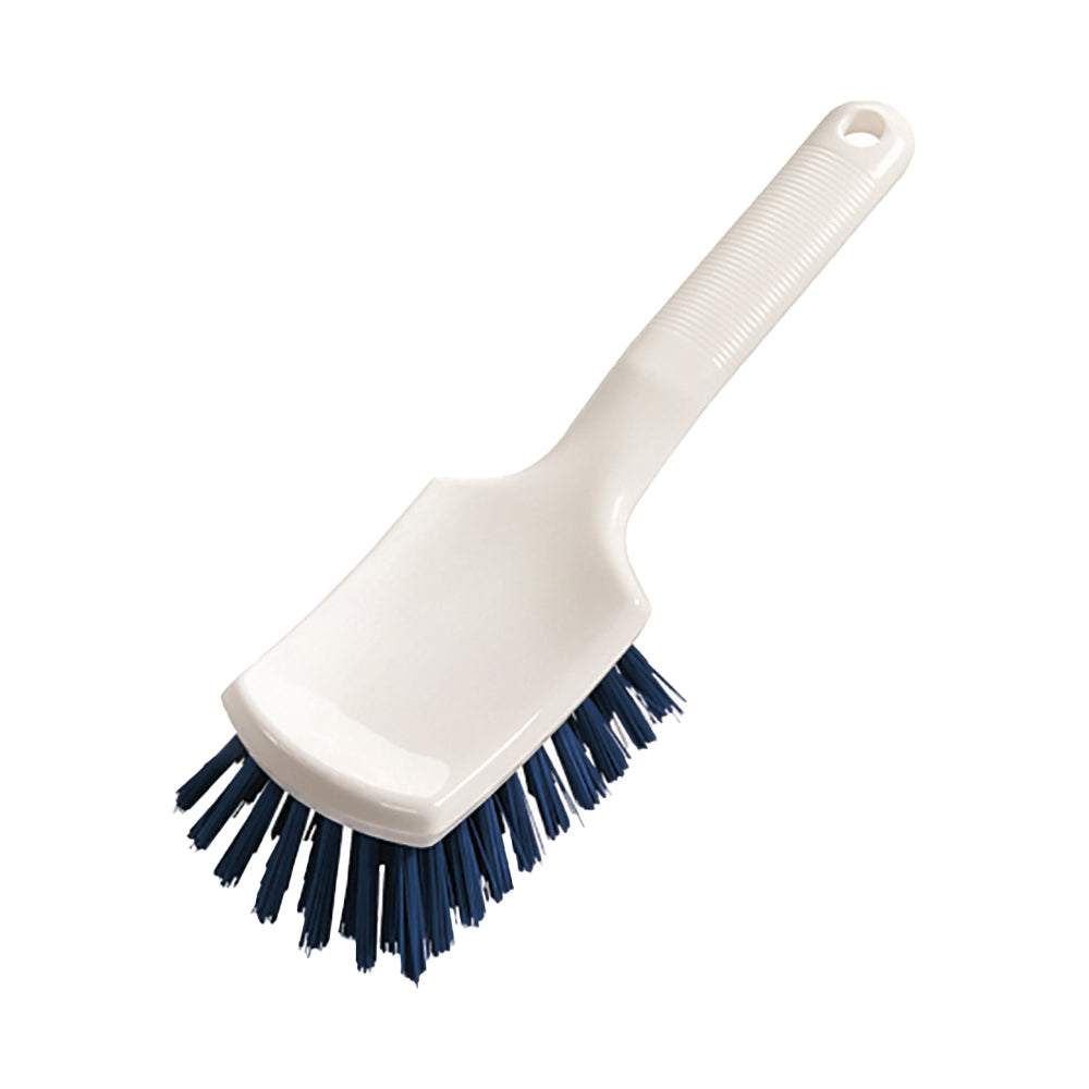 Sur un fond blanc simple, une brosse à manche 260x72x35 mm, à manche court, dure de Diversey Deutschland GmbH & Co. OHG avec des poils raides bleu foncé et un corps en plastique blanc est représentée.