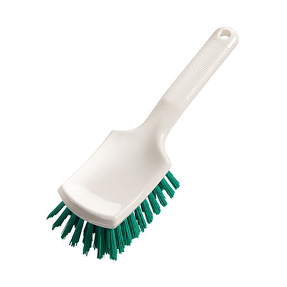 Une brosse à manche blanche en plastique 260 x 72 x 35 mm avec un manche texturé, des poils durs verts et un manche court de Diversey Deutschland GmbH & Co. OHG, représentée en biais, de sorte que la tête de la brosse et une partie du manche soient mises en évidence.