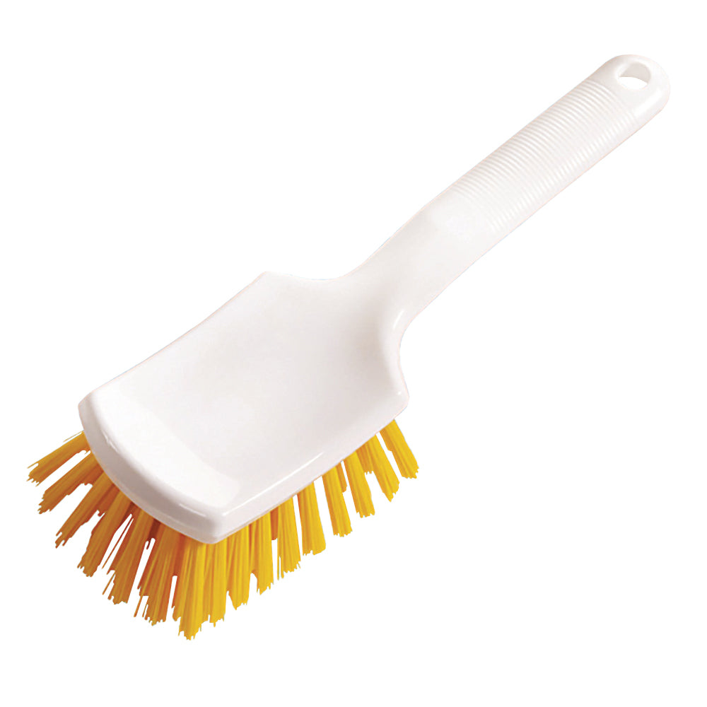 Une brosse à manche blanche en plastique 260x72x35 mm, à manche court, dure de Diversey Deutschland GmbH & Co. OHG avec des poils raides jaunes, représentée sur un fond blanc simple.