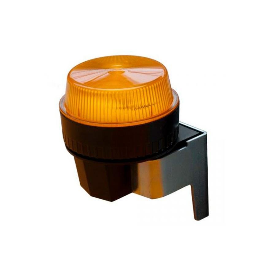 Un voyant lumineux Swingo 2500/3500 de Diversey Deutschland GmbH & Co. OHG, avec un couvercle ambré nervuré, monté sur un support noir et argent, est représenté sur un fond blanc.