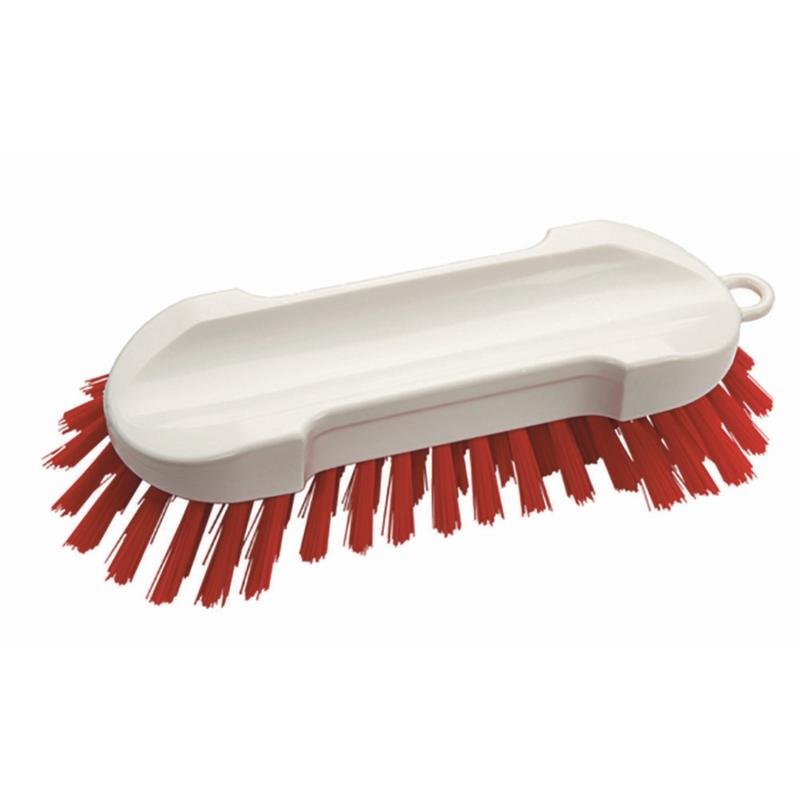 La brosse à main sans manche Hart (190 x 65 x 30 mm) de Diversey Deutschland GmbH & Co. OHG avec des poils durs, un corps blanc et un trou de suspension repose sur un fond blanc.