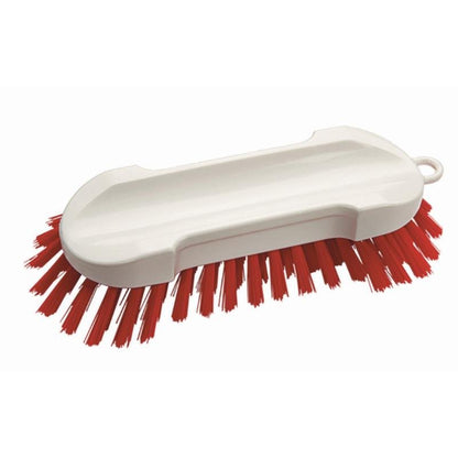 La brosse à main sans manche Hart (190 x 65 x 30 mm) de Diversey Deutschland GmbH & Co. OHG avec des poils durs, un corps blanc et un trou de suspension repose sur un fond blanc.