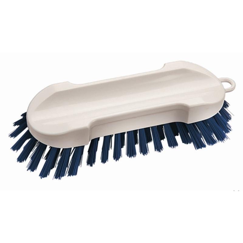La brosse à main sans manche Hart (190 x 65 x 30 mm) de Diversey Deutschland GmbH & Co. OHG avec des poils durs bleu foncé et un corps en plastique plat est présentée sur un fond blanc. Elle dispose d'une encoche pour les doigts et d'un trou de suspension.