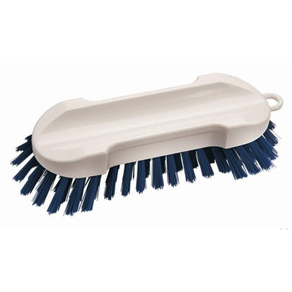 La brosse à main sans manche Hart (190 x 65 x 30 mm) de Diversey Deutschland GmbH & Co. OHG avec des poils durs bleu foncé et un corps en plastique plat est présentée sur un fond blanc. Elle dispose d'une encoche pour les doigts et d'un trou de suspension.