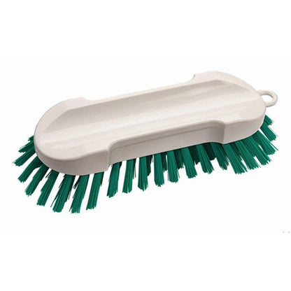 La brosse à main sans manche Hart (190 x 65 x 30 mm) de Diversey Deutschland GmbH & Co. OHG est un outil de nettoyage blanc en plastique avec des poils durs, une poignée ovale plate et une boucle pour un accrochage facile.