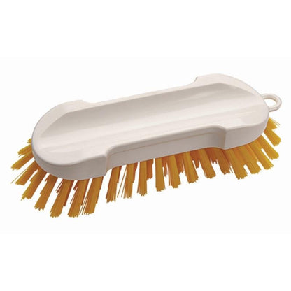 La brosse à main sans manche Hart (190 x 65 x 30 mm) de Diversey Deutschland GmbH & Co. OHG dispose de poils durs et est idéale pour un nettoyage en profondeur. Cet outil de nettoyage blanc en plastique est illustré sur un fond blanc.