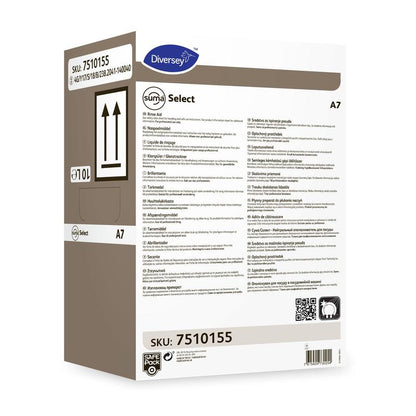 Une boîte rectangulaire portant l'inscription « Suma Select A7 – Rince-neutre » de Diversey Deutschland GmbH & Co. OHG avec détails du produit, instructions d'utilisation, symboles de sécurité, code-barres, informations multilingues et SKU 7510155.