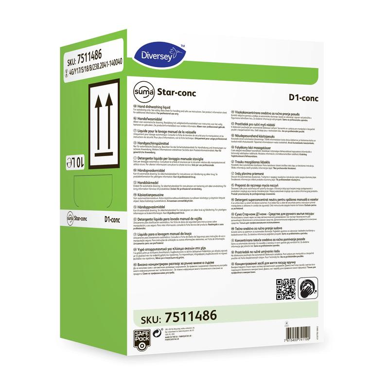 Une boîte rectangulaire vert-blanc avec l'inscription "Suma Star-conc D1 conc, détergent à vaisselle concentré" (10 l) de Diversey Deutschland GmbH & Co. OHG avec du texte noir, des symboles et des codes-barres pour un nettoyage efficace.