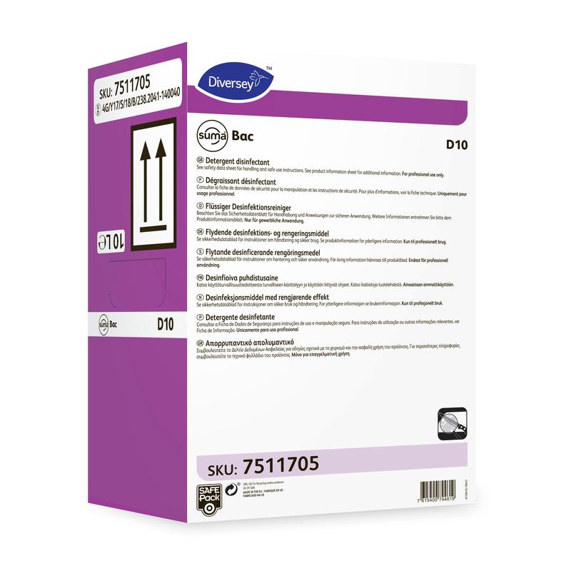 Une boîte blanc-violet avec l'inscription « Suma Bac D10, désinfectant » de Diversey Deutschland GmbH & Co. OHG (SKU 7511705) avec des instructions multilingues et des détails sur le produit ainsi que des flèches indiquant la position verticale correcte.
