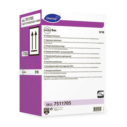Une boîte blanc-violet avec l'inscription « Suma Bac D10, désinfectant » de Diversey Deutschland GmbH & Co. OHG (SKU 7511705) avec des instructions multilingues et des détails sur le produit ainsi que des flèches indiquant la position verticale correcte.
