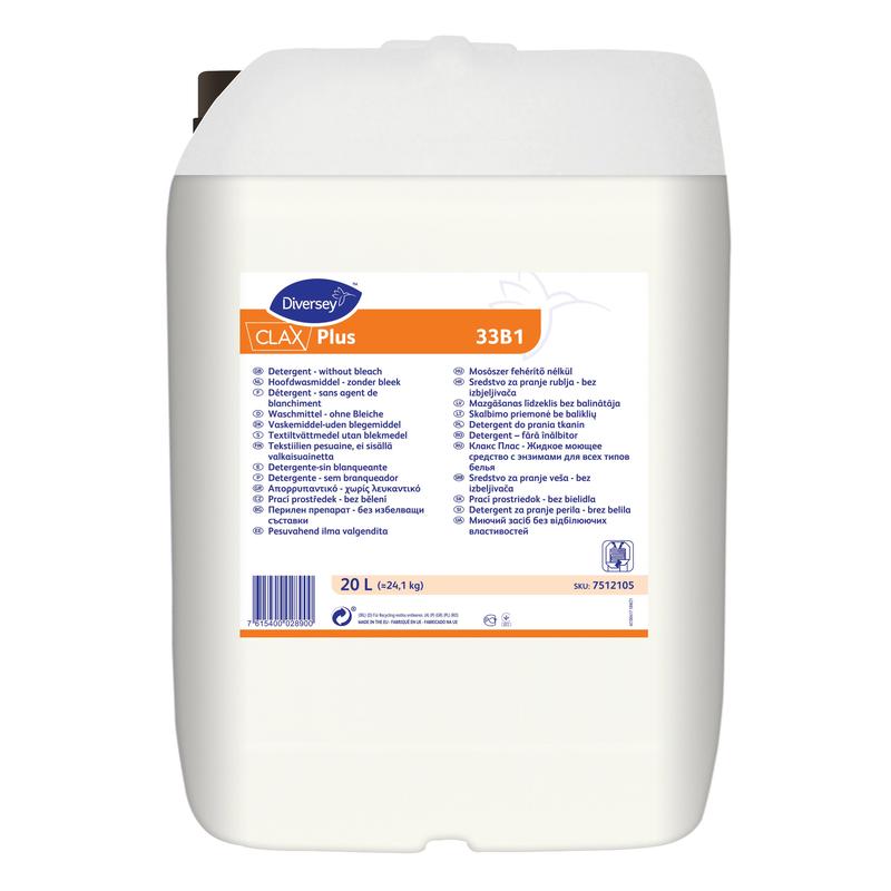 Un conteneur en plastique blanc de 20 litres avec Clax Plus 33B1 Détergent liquide sans agent de blanchiment de Diversey Deutschland GmbH & Co. OHG, idéal pour les blanchisseries industrielles, avec une étiquette bleu-orange en plusieurs langues.