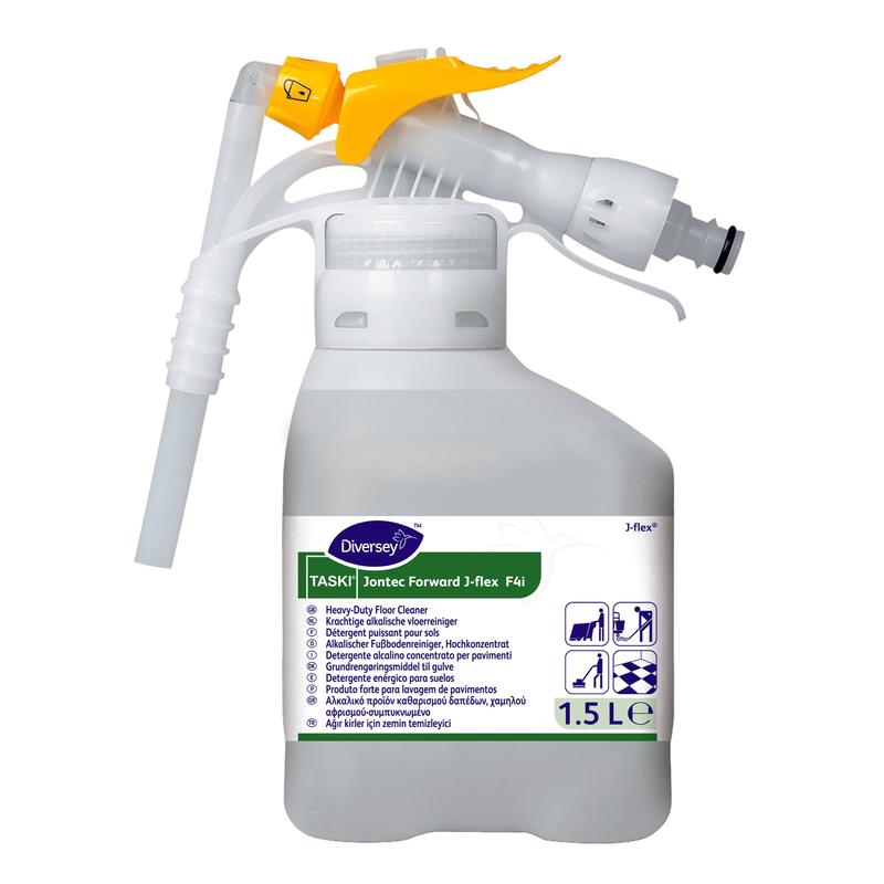 Une bouteille de 1,5 litre de nettoyant pour sols TASKI Jontec Forward Haute Concentration de Diversey Deutschland GmbH & Co. OHG avec une buse de pulvérisation jaune et blanche - une solution efficace pour le nettoyage des sols et des surfaces dans des environnements exigeants.