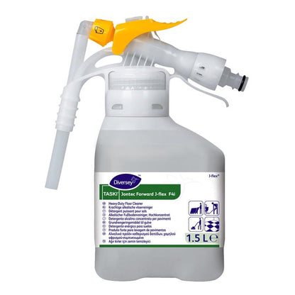 Une bouteille de 1,5 litre de nettoyant pour sols TASKI Jontec Forward Haute Concentration de Diversey Deutschland GmbH & Co. OHG avec une buse de pulvérisation jaune et blanche - une solution efficace pour le nettoyage des sols et des surfaces dans des environnements exigeants.