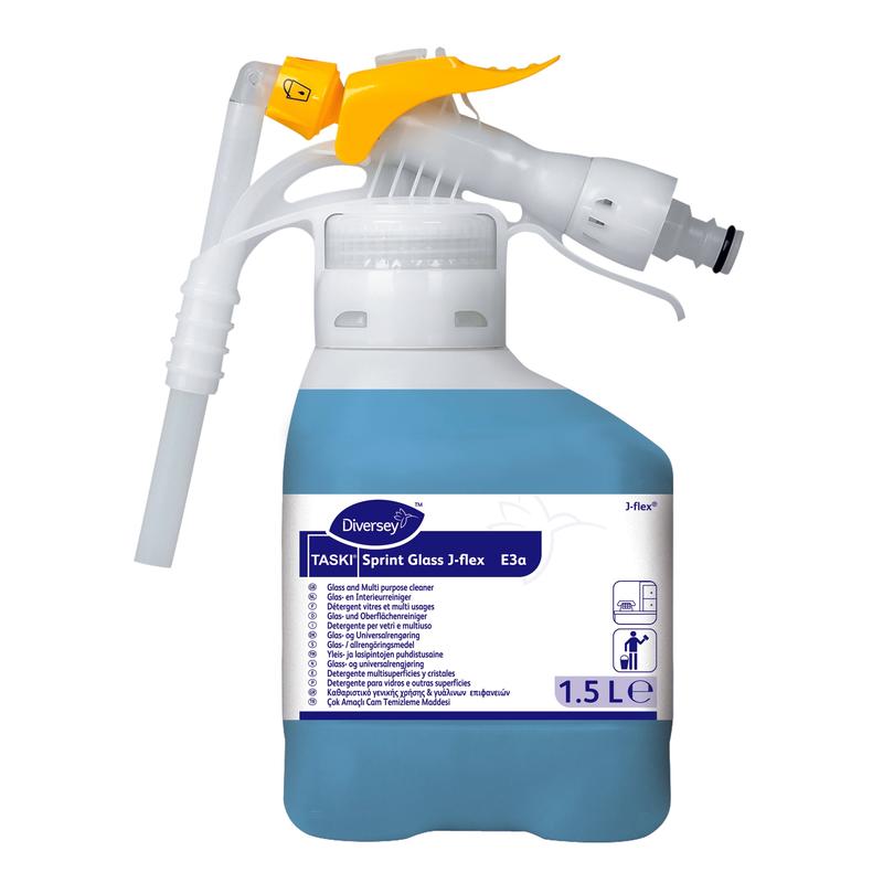 Une bouteille de 1,5L de nettoyant pour vitres et surfaces TASKI Sprint Glass J-Flex haute concentration de Diversey Deutschland GmbH & Co. OHG est adaptée pour un nettoyage polyvalent des vitres.