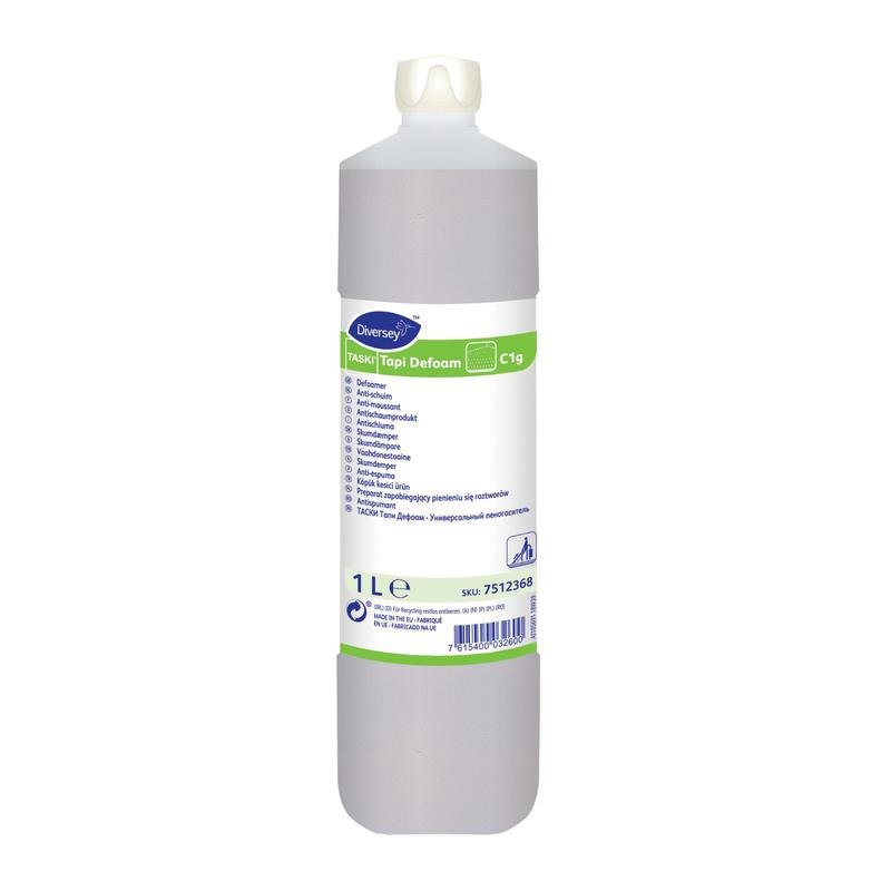 Une bouteille de 1 litre de TASKI Tapi Defoam, un produit anti-mousse de Diversey Deutschland GmbH & Co. OHG, a un bouchon blanc et une étiquette multilingue avec des informations sur le produit et des instructions.