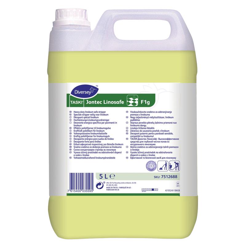 Un bidon de 5L de Diversey TASKI Jontec Linosafe, nettoyant de base haute performance pour linoléum (1ère étape du système Linosecure) de Diversey Deutschland GmbH & Co. OHG, a un bouchon blanc et une poignée blanche ainsi qu'une étiquette multilingue avec des informations et des symboles.