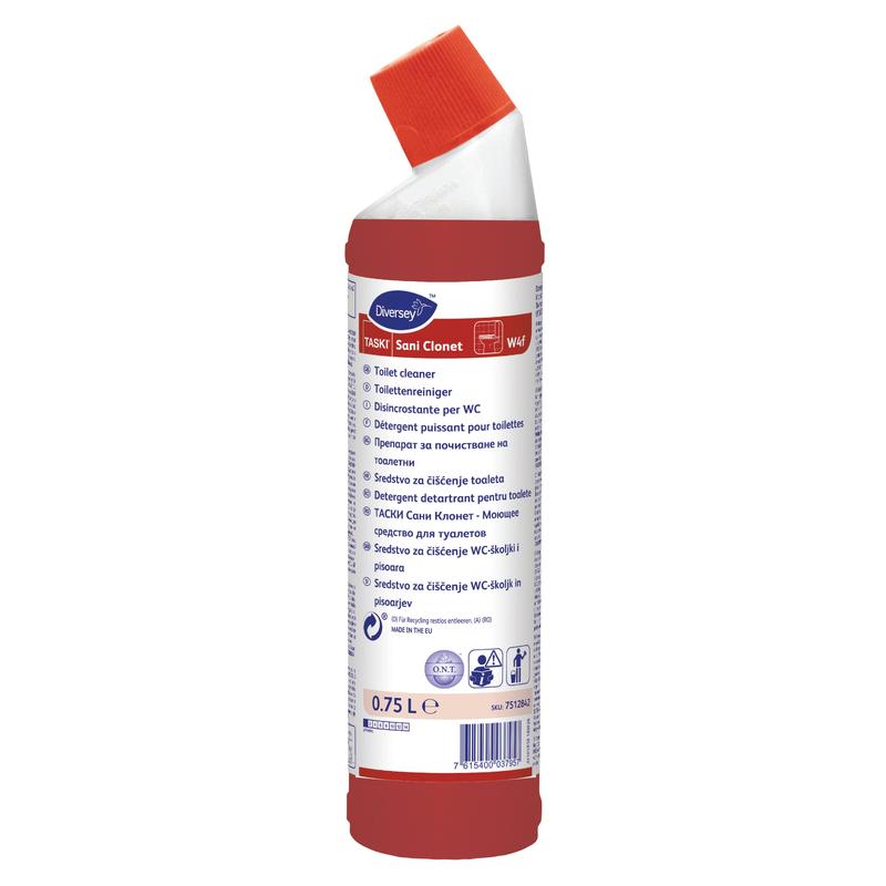 Une bouteille rouge et blanche de 750 ml de nettoyant WC TASKI Sani Clonet de Diversey, prête à l'emploi à base d'acide citrique et sulfamique, avec un bec incliné et une étiquette multilingue.