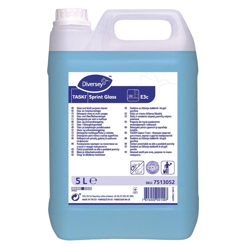 Un conteneur de 5 litres du nettoyant pour verre et surfaces TASKI Sprint Glass de Diversey Deutschland GmbH & Co. OHG, un nettoyant bleu pour des surfaces sans traces, est accompagné d'une étiquette avec les détails du produit, le mode d'emploi et un code-barres.