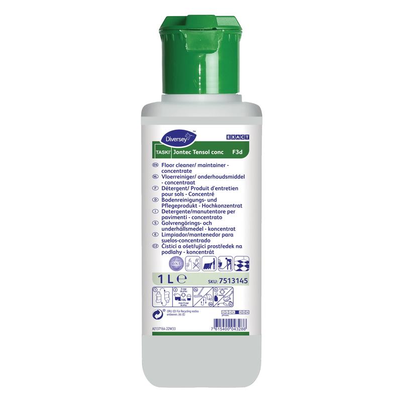 Une bouteille blanche de 1 litre de TASKI Jontec Tensol Nettoyant Haute Concentration de Diversey Deutschland GmbH & Co. OHG, un nettoyant pour sols concentré avec un bouchon vert et un mode d'emploi multilingue sur l'étiquette avant.