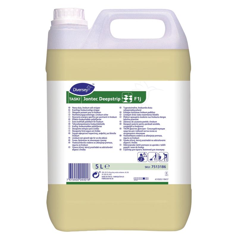 Un bidon de 5 litres Diversey TASKI Jontec Deepstrip, un nettoyant puissant contenant des solvants pour sols en linoléum, de Diversey Deutschland GmbH & Co. OHG, avec poignée et bouchon à vis, étiquette blanche et verte en différentes langues.