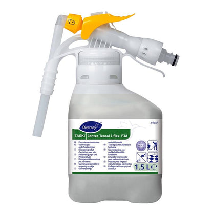 Un récipient de 1,5 litre en plastique blanc avec TASKI Jontec Tensol Nettoyant Haute Concentration de Diversey Deutschland GmbH & Co. OHG, avec une buse de pulvérisation jaune et une étiquette avec les détails du produit et les instructions d'utilisation.