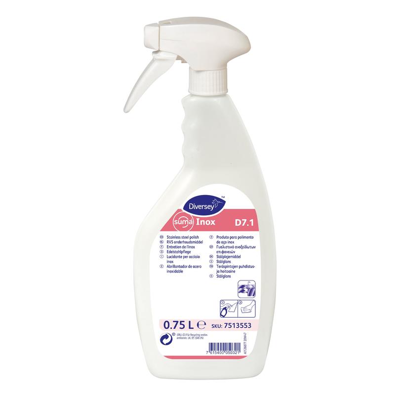 Eine weiße 750 ml Sprühflasche Diversey Suma Inox D7.1 Edelstahlpflege Emulsion von Diversey Deutschland GmbH & Co. OHG, mit weißer Sprühdüse und einem rosa-blauen Etikett mit mehrsprachiger Reinigungsanleitung für Edelstahl.
