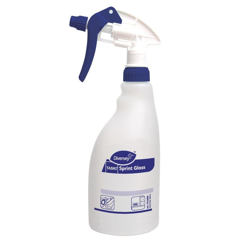 Un flacon pulvérisateur en plastique blanc avec gâchette bleue et l'inscription « Diversey Deutschland GmbH & Co. OHG TASKI Sprint Glass nettoyant pour verre et surfaces » assure une propreté sans traces et affiche des conseils de nettoyage pour les surfaces en verre.