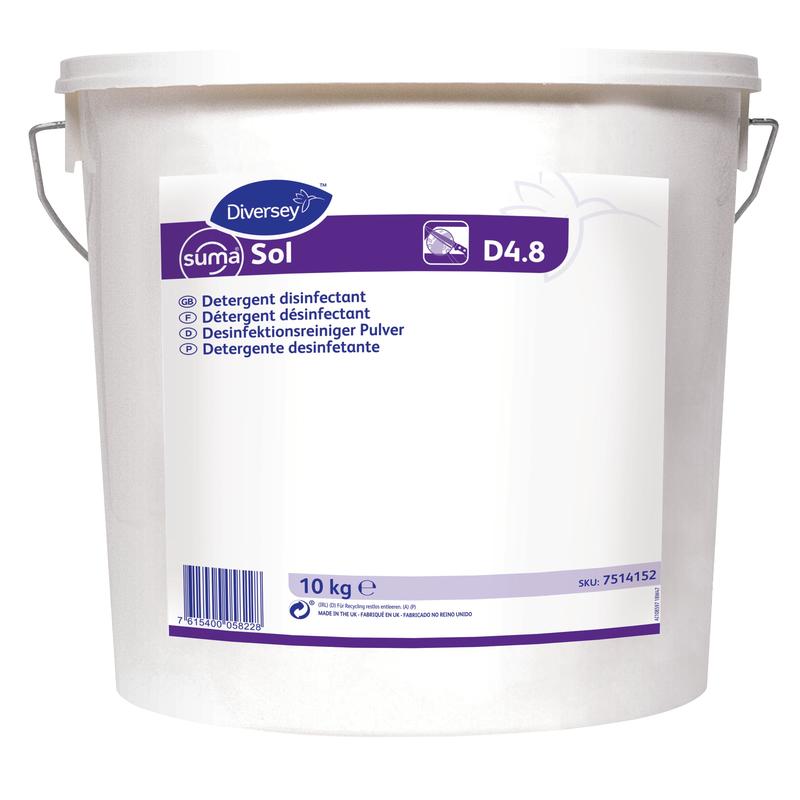 Un seau en plastique blanc de 10 kg avec l'inscription "Suma Sol D4.8, désinfectant" de Diversey Deutschland GmbH & Co. OHG comporte un texte multilingue, une poignée en métal et un code-barres dans la zone inférieure de l'étiquette.