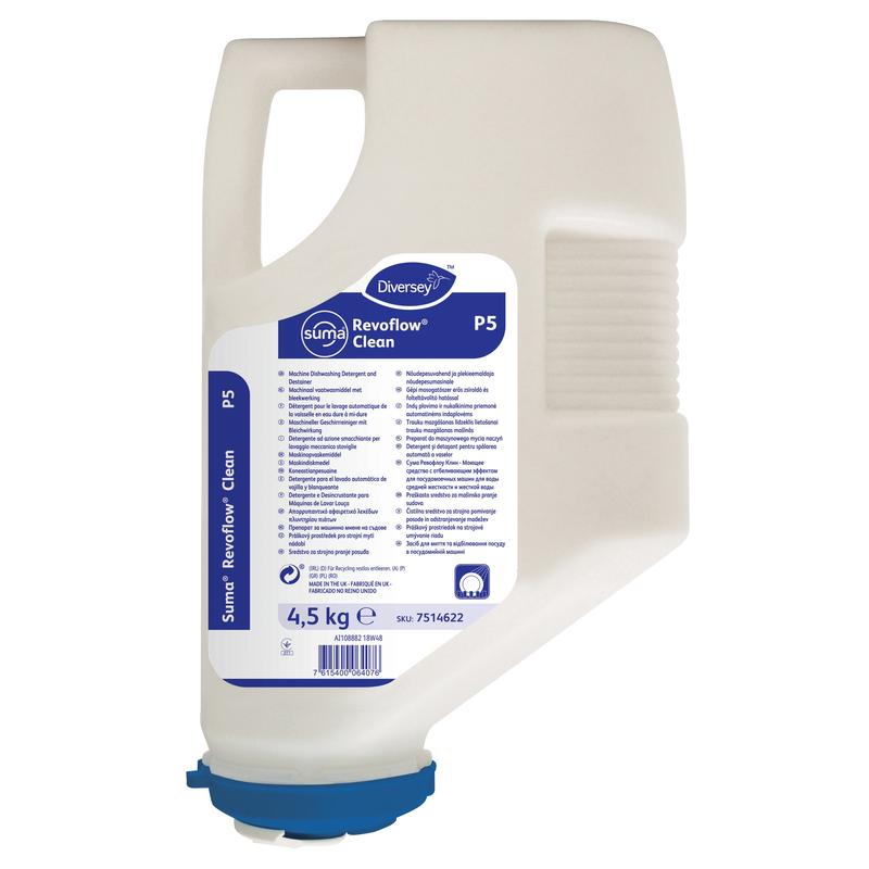 Une cartouche en plastique blanche de 4,5 kg de Diversey Suma Revoflow Clean P5, un nettoyant contenant du chlore pour l'eau dure de Diversey Deutschland GmbH & Co. OHG, avec un couvercle bleu et une poignée, et une étiquette multilingue.
