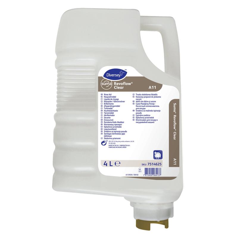 Une cartouche de 4 litres en plastique blanc de Suma Revoflow Clear A11, un agent de rinçage acide de Diversey Deutschland GmbH & Co. OHG, avec poignée, bec verseur et une étiquette avec l'utilisation prévue, mode d'emploi et informations de sécurité en écriture bleue et violette.