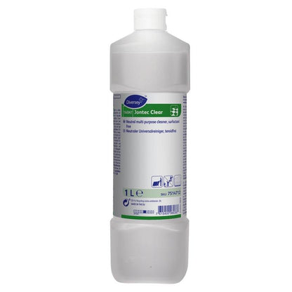 Une bouteille de 1 litre en plastique transparent avec TASKI Jontec Clear nettoyant pour sols durs de Diversey Deutschland GmbH & Co. OHG, avec un bouchon blanc et une étiquette blanc-bleu-vert avec des informations sur le produit et des symboles d'application.