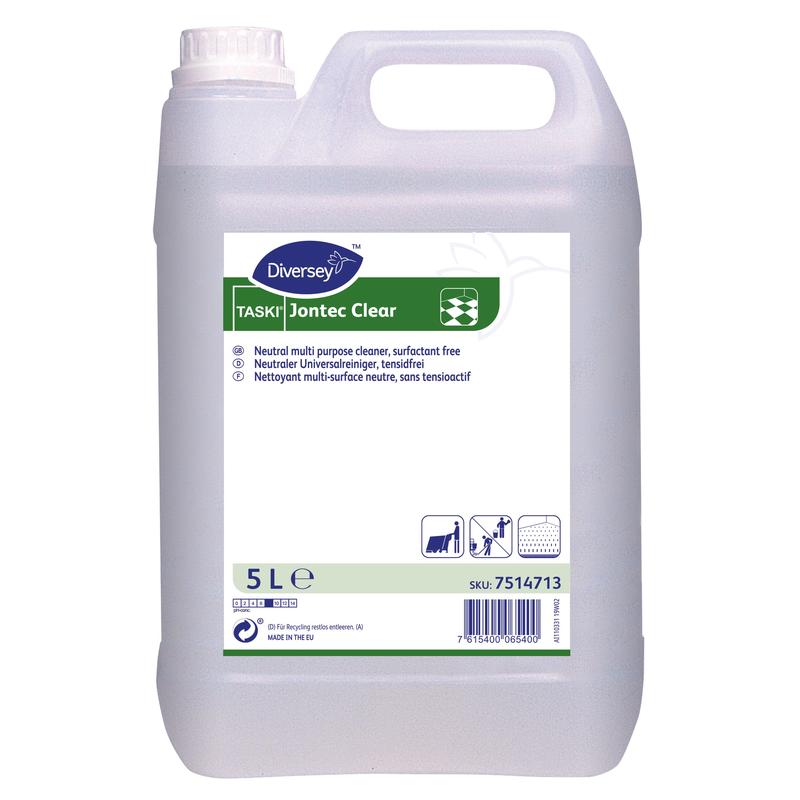 Un récipient en plastique de 5 litres avec TASKI Jontec Clear nettoyant pour sols durs de Diversey Deutschland GmbH & Co. OHG, pH neutre. Le récipient translucide est équipé d'un bouchon blanc, d'une poignée de transport blanche et d'une étiquette bleu-vert-blanc.