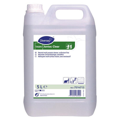 Un récipient en plastique de 5 litres avec TASKI Jontec Clear nettoyant pour sols durs de Diversey Deutschland GmbH & Co. OHG, pH neutre. Le récipient translucide est équipé d'un bouchon blanc, d'une poignée de transport blanche et d'une étiquette bleu-vert-blanc.