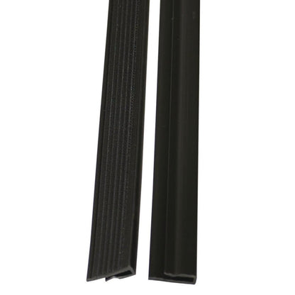 Deux rails de remplacement noirs TASKI VersaPlus 2.0 de Diversey Deutschland GmbH & Co. OHG sont représentés côte à côte : la bande de gauche est striée, celle de droite est lisse, chacune avec un profil de section différent.