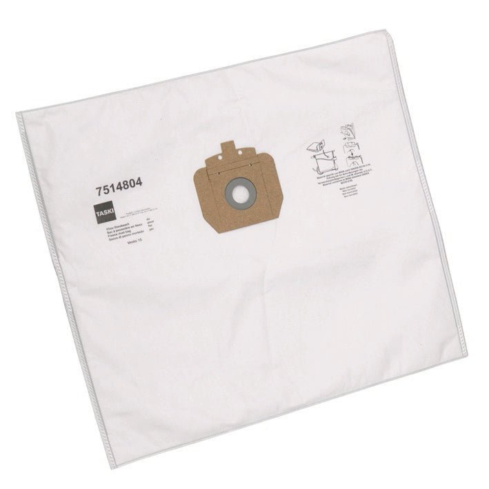 Le sac d'aspirateur en non-tissé Diversey Vento 15 pour TASKI Vento 15S (carton, 10 paquets) est un sac d'aspirateur blanc, rectangulaire avec un col marron, une ouverture ronde, des détails imprimés et assure une protection efficace contre la poussière.