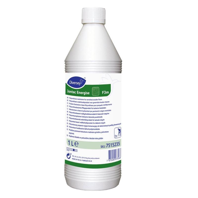 Un bidon en plastique de 10 litres avec l'inscription "TASKI Jontec Energise" de Diversey Deutschland GmbH & Co. OHG, contient une dispersion de polyuréthane pour sols en bois vernis et présente des informations sur le produit pour un film protecteur brillant.