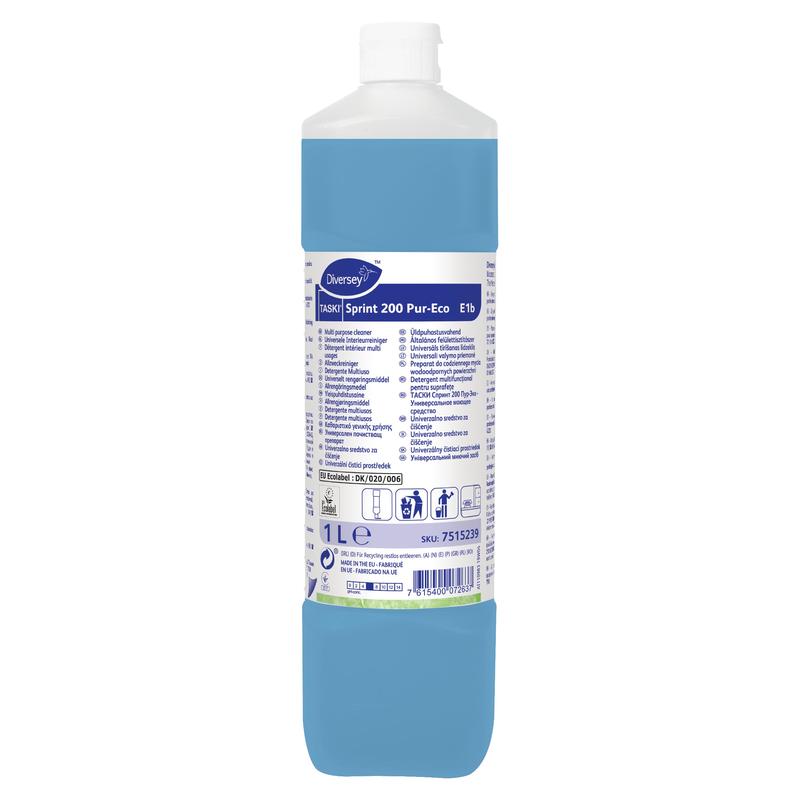 Une bouteille en plastique de 1 litre de nettoyant alcoolisé TASKI Sprint 200 Pur-Eco de Diversey Deutschland GmbH & Co. OHG avec liquide bleu, bouchon blanc et étiquette blanche avec détails du produit et instructions en plusieurs langues.
