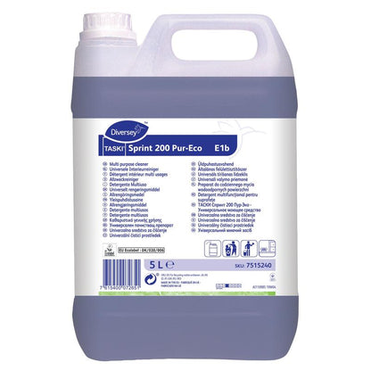 Un contenant en plastique de 5 litres de nettoyant alcoolisé TASKI Sprint 200 Pur-Eco de Diversey Deutschland GmbH & Co. OHG avec liquide violet et étiquette blanche avec instructions multilingues – un nettoyant efficace pour un nettoyage en profondeur.