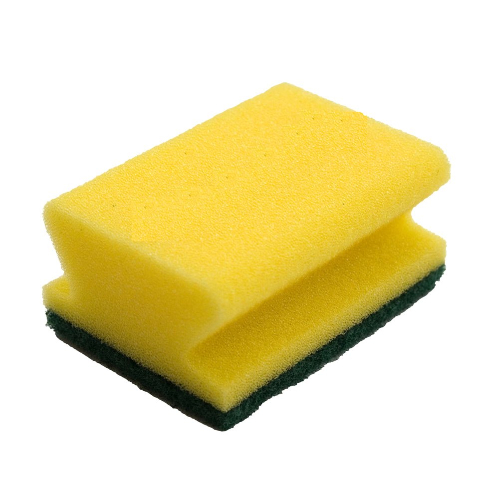 Une éponge TASKI rectangulaire jaune/verte, forte et robuste, 6 x 9,5 cm, avec un tampon à récurer vert de Diversey Deutschland GmbH & Co. OHG pour un nettoyage efficace des salissures tenaces sur des surfaces non sensibles ; photographie sur fond blanc.
