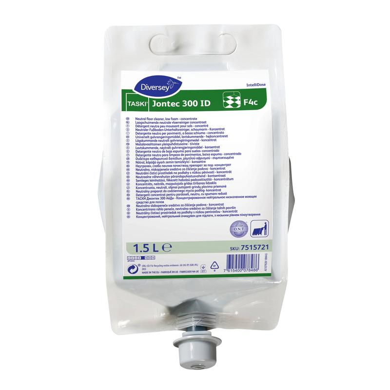 Un sac de 1,5 litre de TASKI Jontec 300 IntelliDose, un nettoyant pour sols hautement concentré de Diversey Deutschland GmbH & Co. OHG, développé pour le système TASKI IntelliDose.
