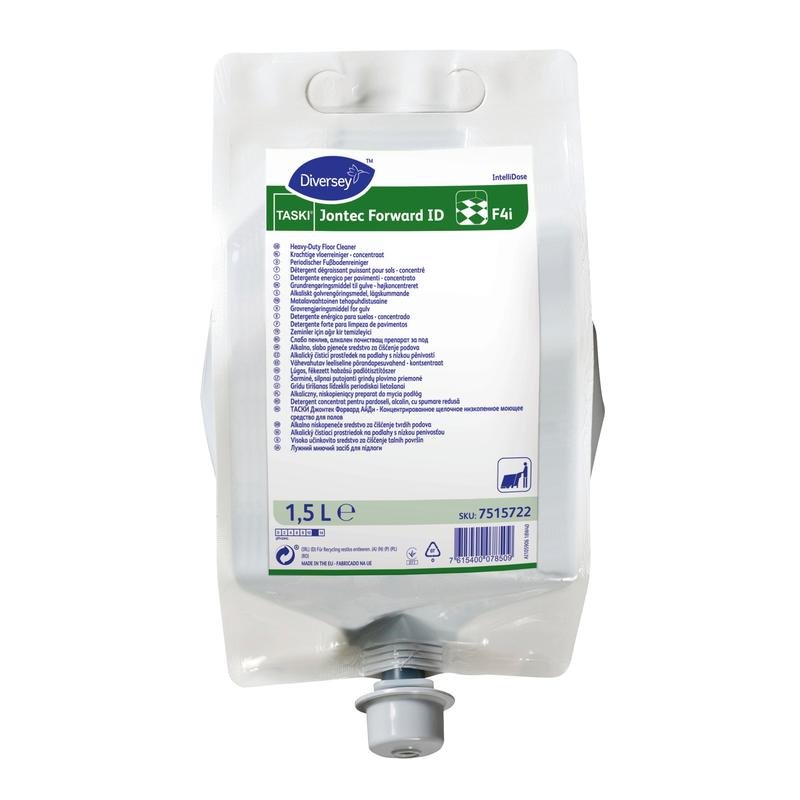 Un sachet plastique de 1,5 litre de nettoyant pour sols TASKI Jontec Forward Haute Concentration de Diversey Deutschland GmbH & Co. OHG avec bec verseur au fond et étiquette blanche avec détails du produit et instructions d'utilisation pour plus de confort.