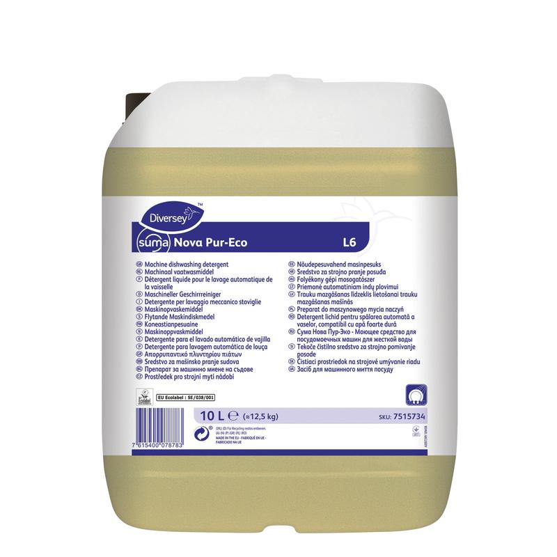 Un conteneur en plastique de 10 litres Suma Nova Pur-Eco L6 liquide détergent pour lave-vaisselle de Diversey Deutschland GmbH & Co. OHG, avec un couvercle blanc et une étiquette multilingue pour une utilisation dans des lave-vaisselles professionnels.