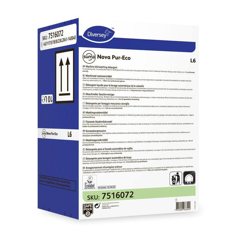 Une boîte de Suma Nova Pur-Eco L6 liquide détergent pour lave-vaisselle, de Diversey Deutschland GmbH & Co. OHG pour lave-vaisselles professionnels avec des informations sur le produit, des instructions, des symboles et le SKU 7516072 imprimés sur l'emballage.