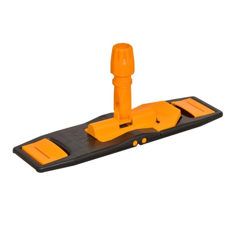 Le cadre de vadrouille TASKI MicroEasy, support pliant poche/languette 40 cm de Diversey Deutschland GmbH & Co. OHG est un support pliant en plastique noir et orange avec une tête pivotante, conçu pour un nettoyage efficace des sols avec des vadrouilles plates.